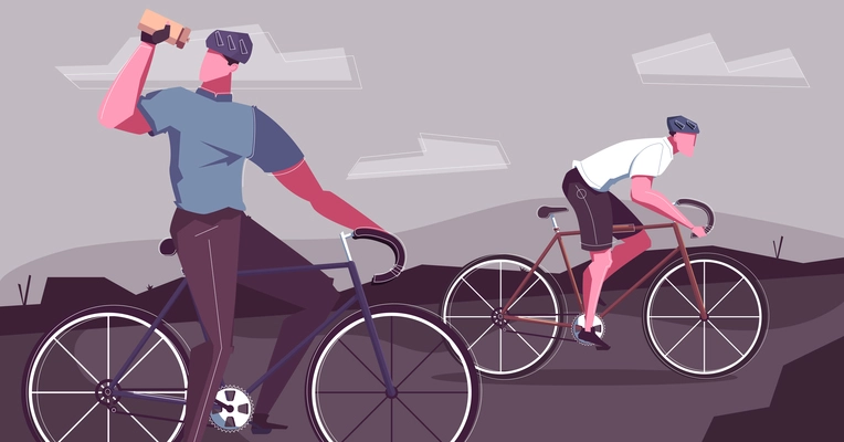 Bike ride flat composition with two brutal men riding sporty bicycles on road vector illustration