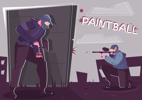 Paintball flat poster with two shooting players in protective uniform special weapon and accessories for playing vector illustration
