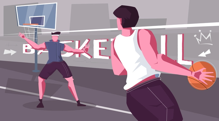 Street basketball flat composition with two players competing on athletic court vector illustration