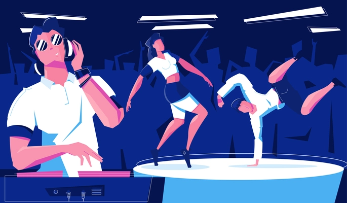 Night club dancing flat composition with indoor view of dancefloor with dancers and dj playing music vector illustration
