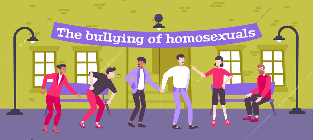 Homophobia flat composition with text and outdoor scenery with doodle characters of people bullying homosexual persons vector illustration