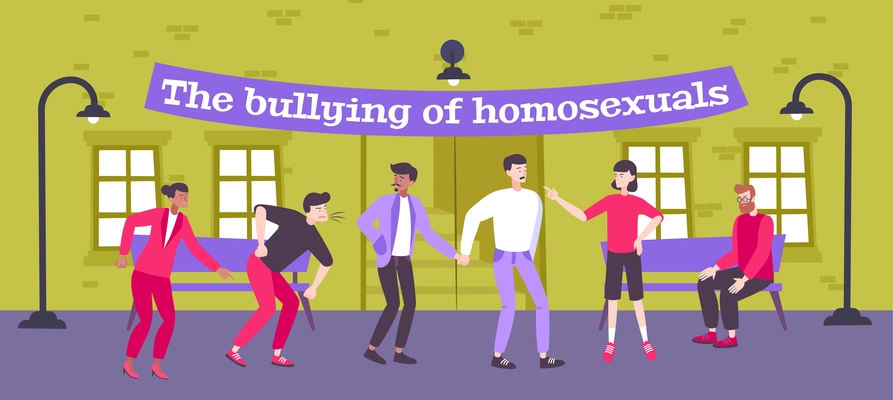 Homophobia flat composition with text and outdoor scenery with doodle characters of people bullying homosexual persons vector illustration