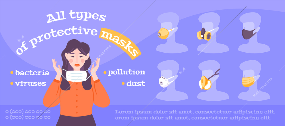 Protection mask horizontal banner with set with flat images of breathing masks against coronavirus infection contamination vector illustration