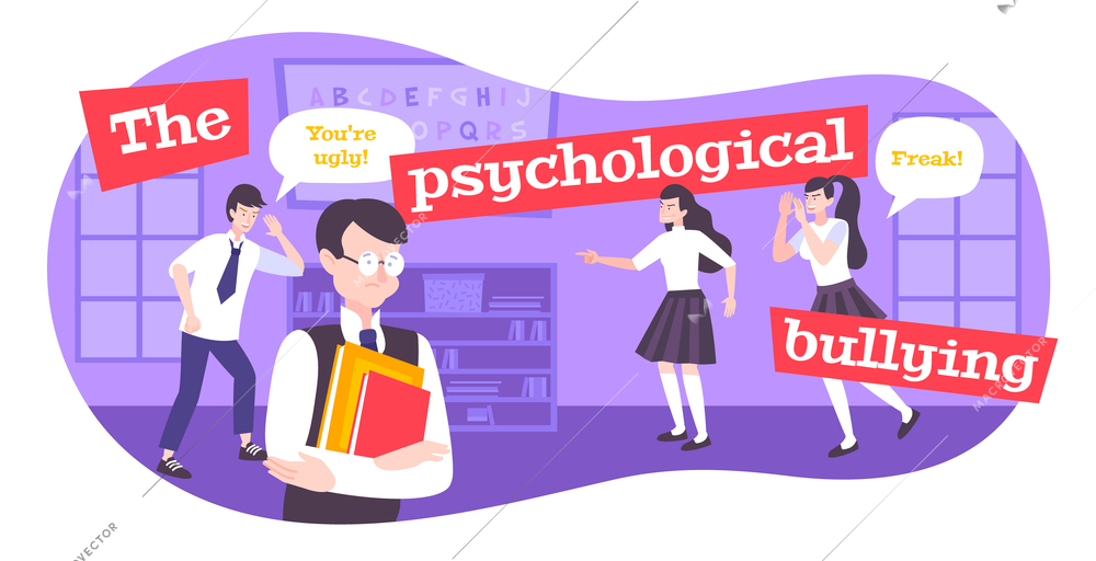 Psychological bullying flat composition with shouting children characters and thought bubbles with text and school scenery vector illustration