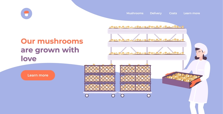 Mushrooms web page with learn more button clickable links editable text and images of storage shelves vector illustration