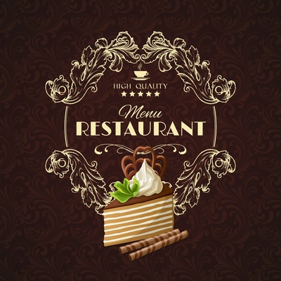 Decorative sweets dessert restaurant menu with layered chocolate cake vector illustration.