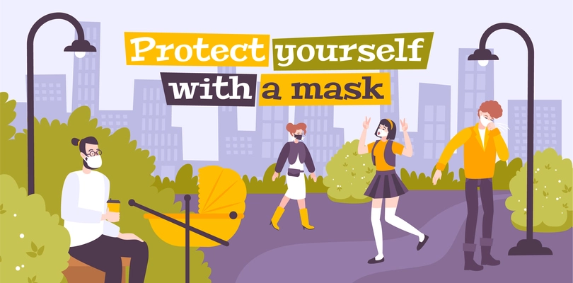 Protection mask street flat composition with cityscape and people wearing coronavirus masks in park public place vector illustration