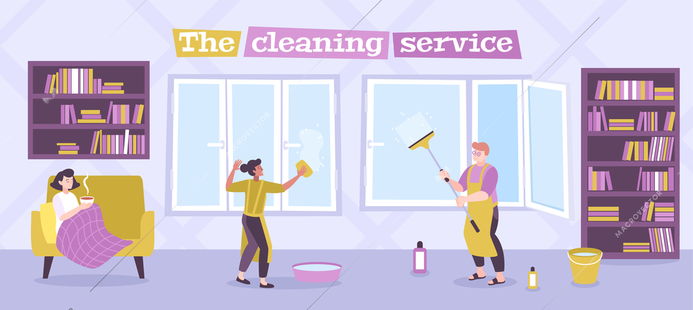 Residential windows cleaning service flat advertising banner with professional team squeegeeing sponging glass panels vector illustration