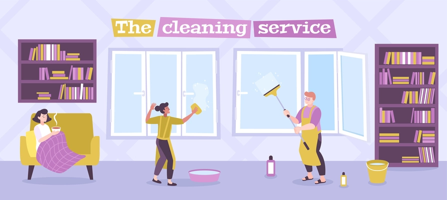 Residential windows cleaning service flat advertising banner with professional team squeegeeing sponging glass panels vector illustration