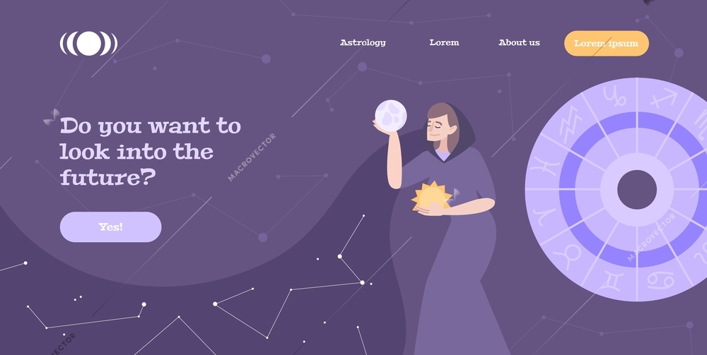 Fortune teller predicting future online practice flat website banner with holding crystal ball clairvoyant woman vector illustration