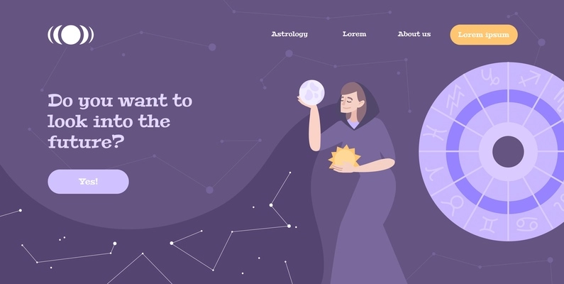 Fortune teller predicting future online practice flat website banner with holding crystal ball clairvoyant woman vector illustration