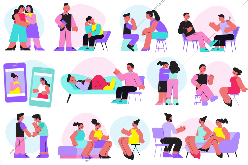 Psychological support flat icons set with people talking about their problems to friends and consulting psychologists isolated vector illustration