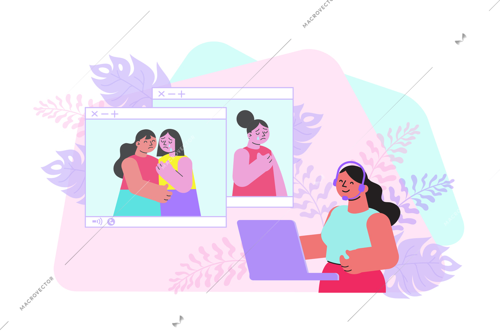 Crying women calling to psychological support hot line flat vector illustration