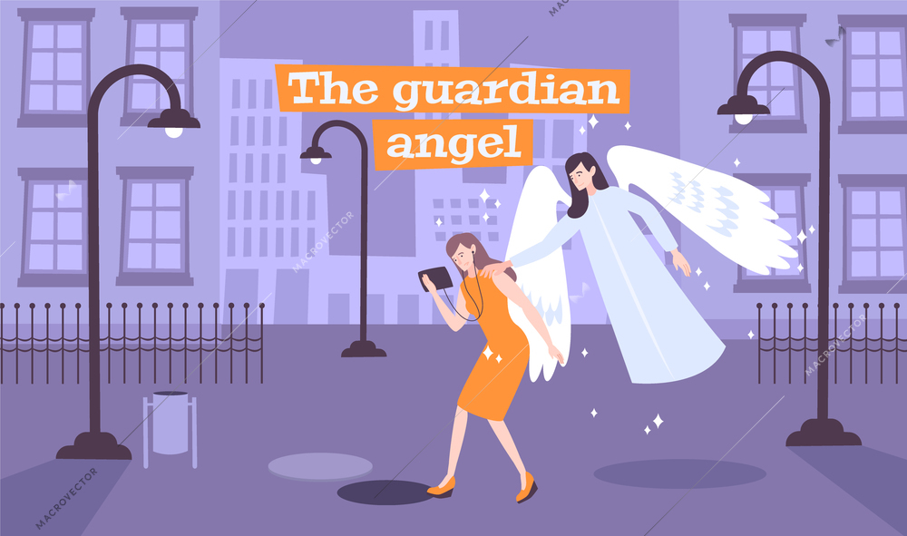Young lady walking deserted street gets message guardian angel sending her through touch flat composition vector illustration