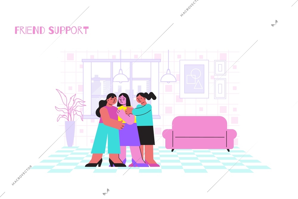 Two friends supporting sad girl flat vector illustration