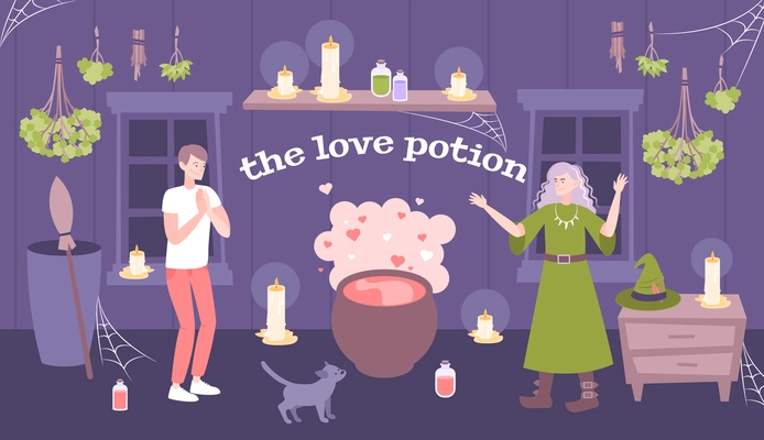 Love magic spell potion with romantic scent of roses from green witch flat composition vector illustration