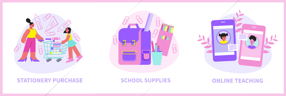 Flat compositions with school supplies gagdets and people doing stationery shopping isolated vector illustration