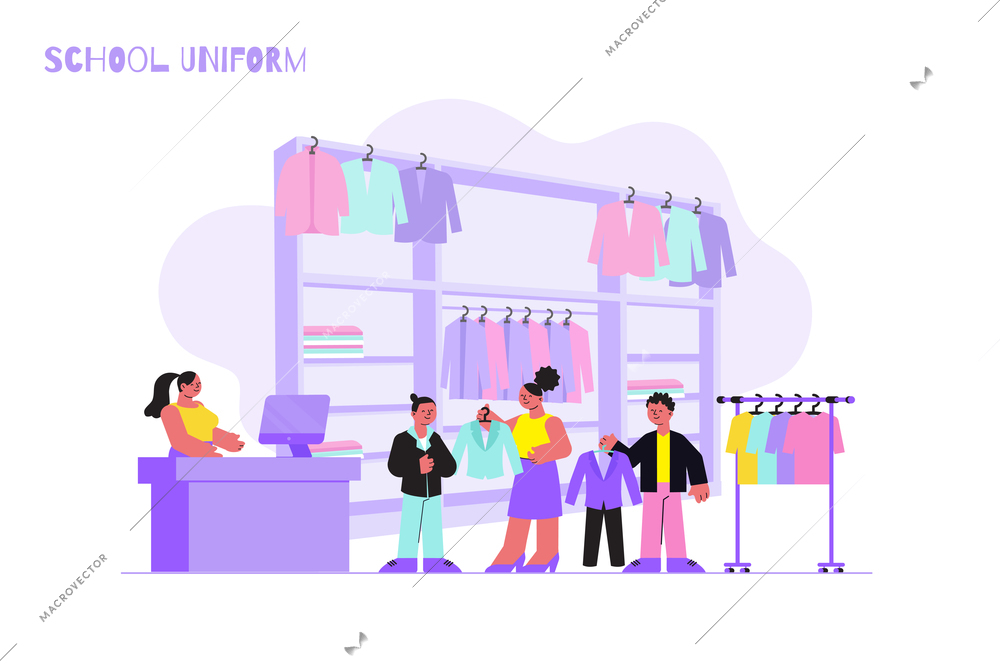 Boys with their mum trying on jackets and trousers at school uniform shop flat vector illustration