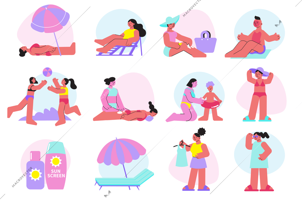 Sun protection set of isolated flat icons with human characters and sunbeam protection methods cream umbrellas vector illustration