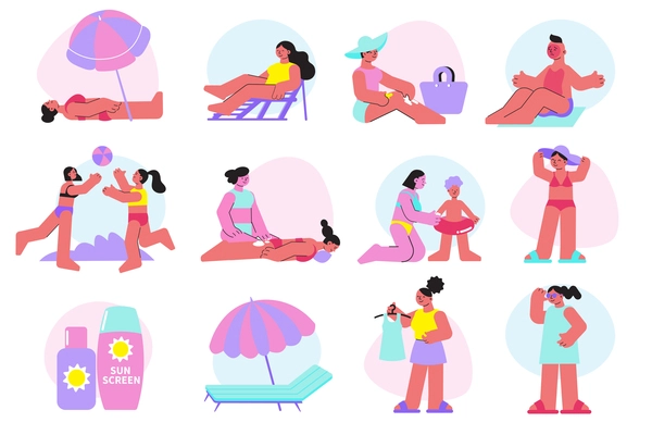 Sun protection set of isolated flat icons with human characters and sunbeam protection methods cream umbrellas vector illustration