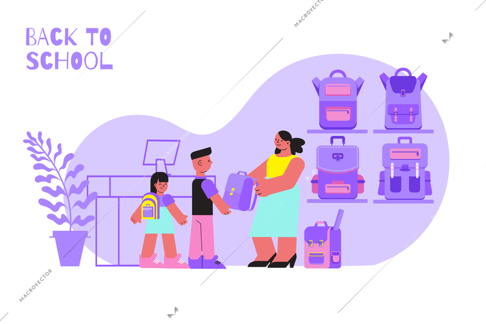 Two pupils and their mum choosing school backpack at shop flat vector illustration