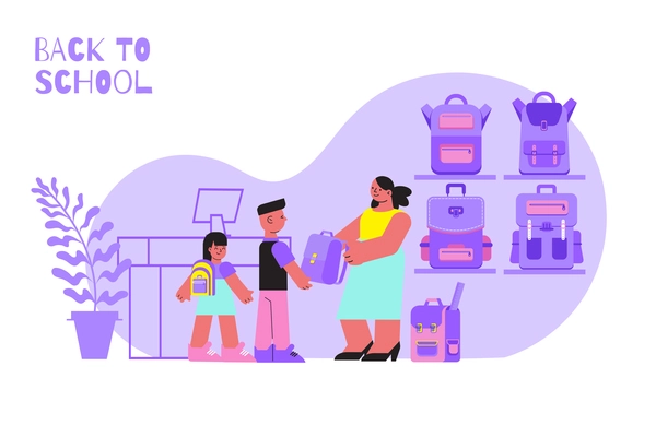 Two pupils and their mum choosing school backpack at shop flat vector illustration