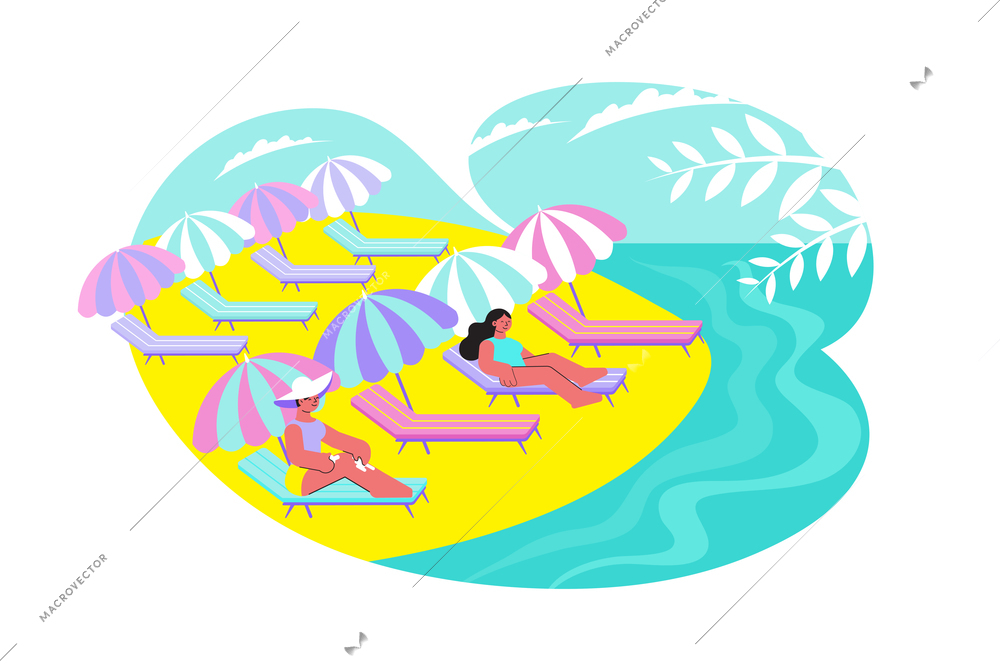 Sunshade beach flat composition with outdoor scenery of sandy shore with people under sun protection umbrellas vector illustration