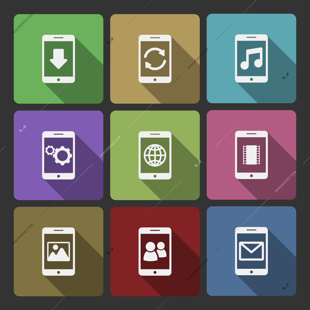 Mobile devices UI design set, squared with long shadows isolated vector illustration