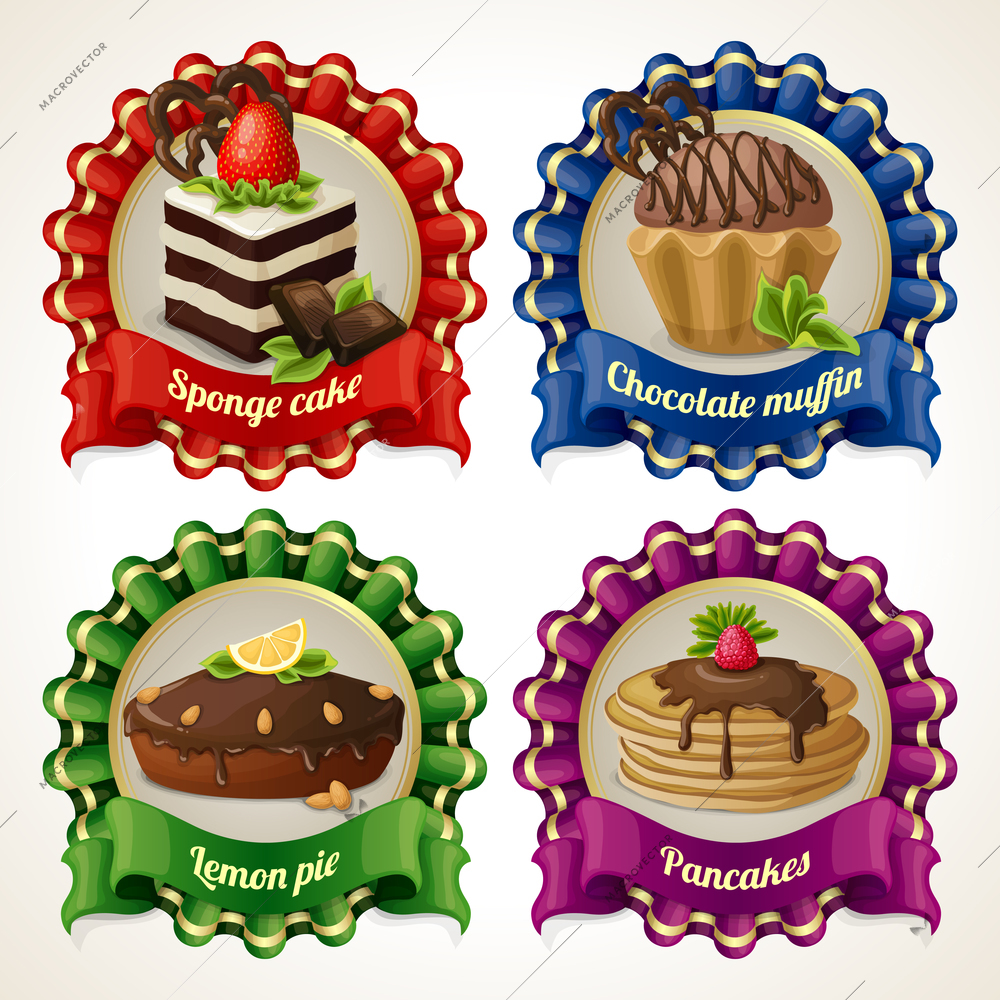 Decorative sweets ribbon banners set with sponge cake chocolate muffin isolated vector illustration