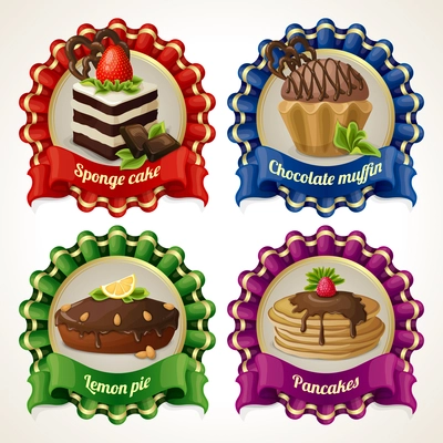 Decorative sweets ribbon banners set with sponge cake chocolate muffin isolated vector illustration