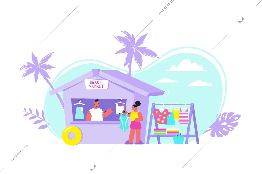 Beach market souvenir flat composition with outdoor scenery and wooden stall with people sky and clothes vector illustration