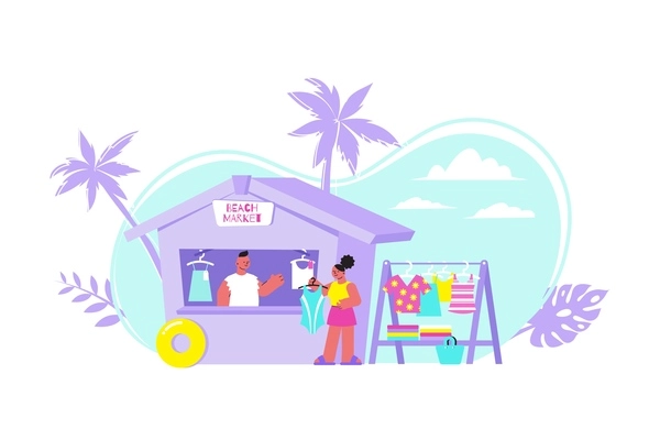 Beach market souvenir flat composition with outdoor scenery and wooden stall with people sky and clothes vector illustration