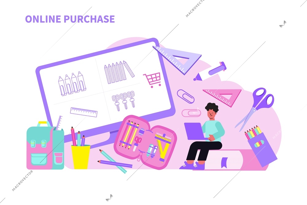 Parent buying school supplies online using laptop flat vector illustration