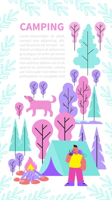 Camp vertical banner with composition of flat images forest scenery people with campfire and editable text vector illustration