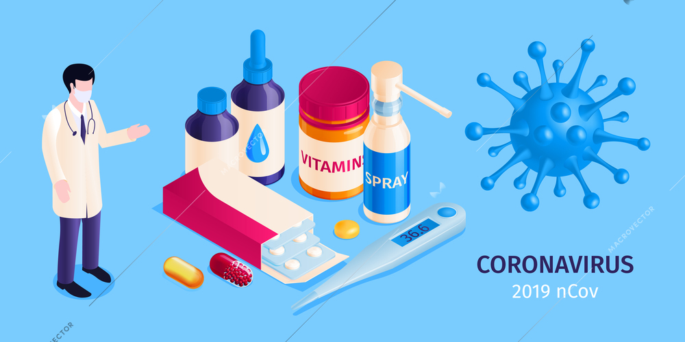 Isometric medicine pharmacy composition with doctor character icons of medical products coronavirus bacteria and editable text vector illustration