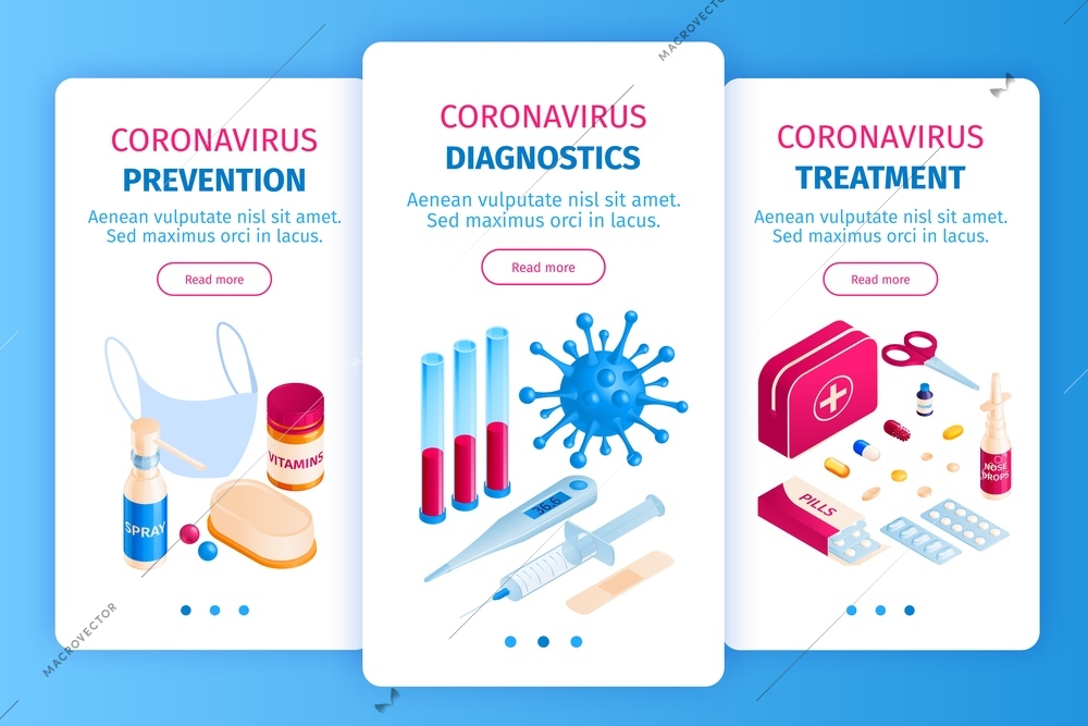 Isometric medicine virus coronavirus vertical banners set with icons of diagnostic equipment prevention methods and medication vector illustration