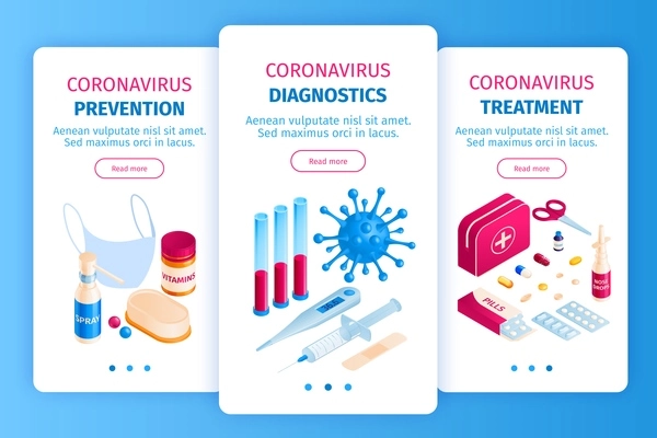 Isometric medicine virus coronavirus vertical banners set with icons of diagnostic equipment prevention methods and medication vector illustration