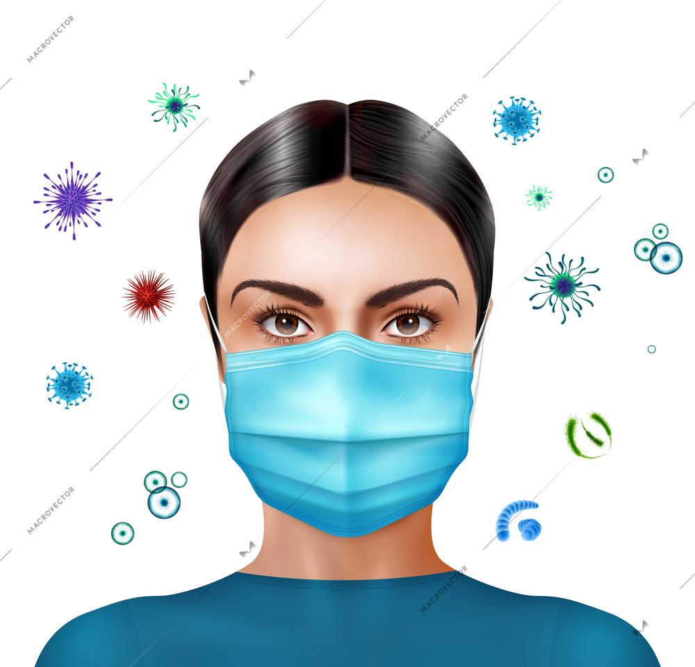 Woman in medial mask realistic and colored composition and abstract virus attack vector illustration