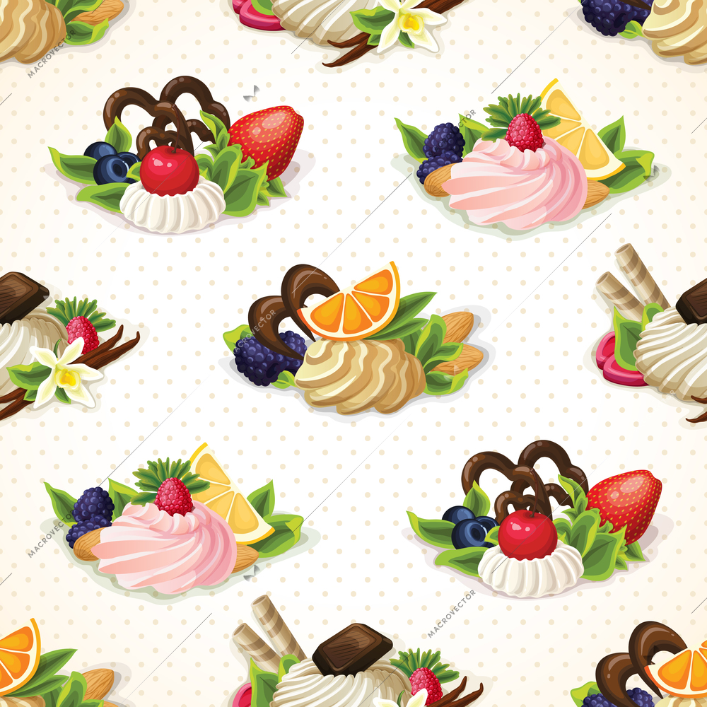 Decorative sweets dessert food seamless pattern with fruit nut and vanilla cream vector illustration