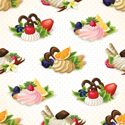 Decorative sweets dessert food seamless pattern with fruit nut and vanilla cream vector illustration