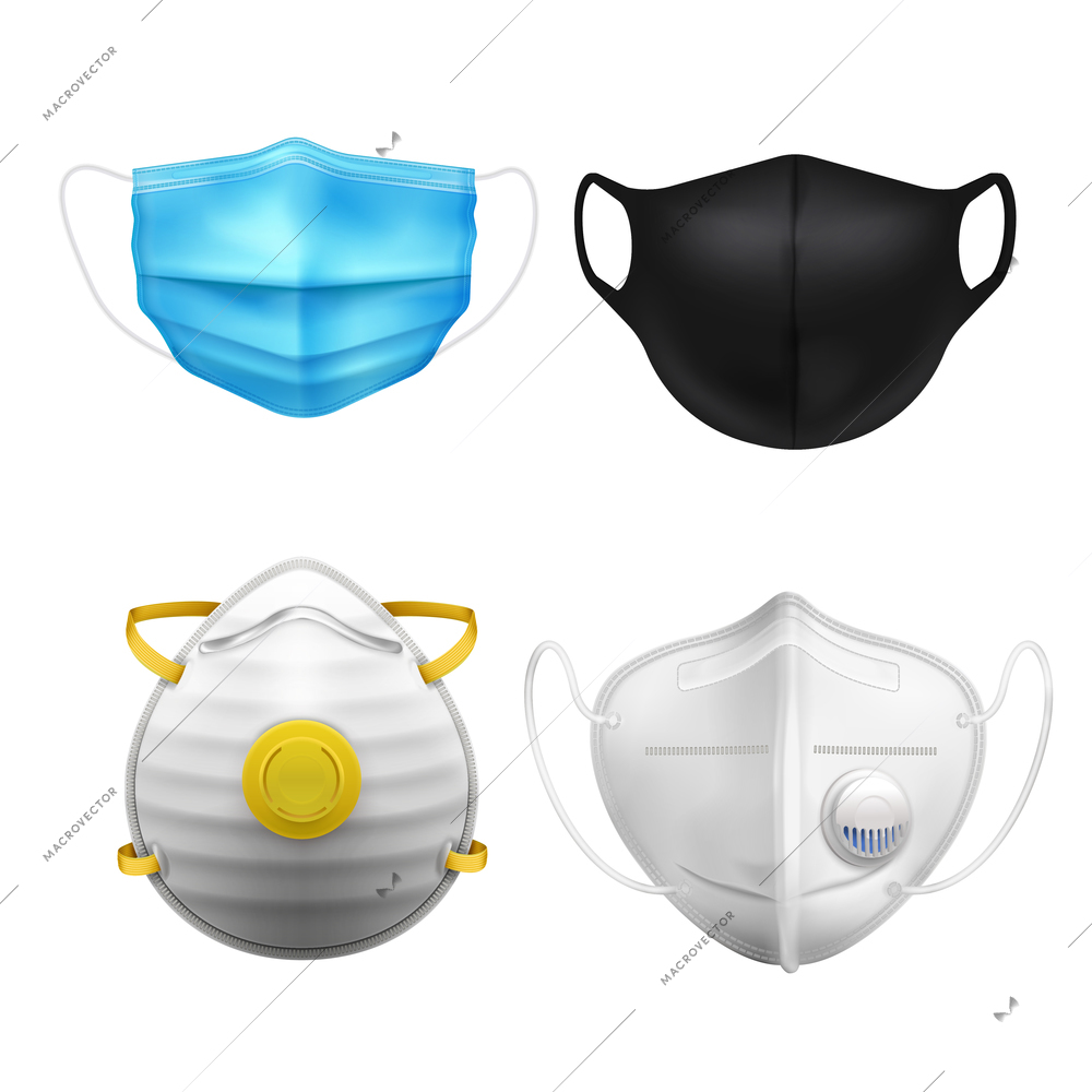 Individual protective medial masks N95 realistic icon set with different degrees of protection and colors vector illustration