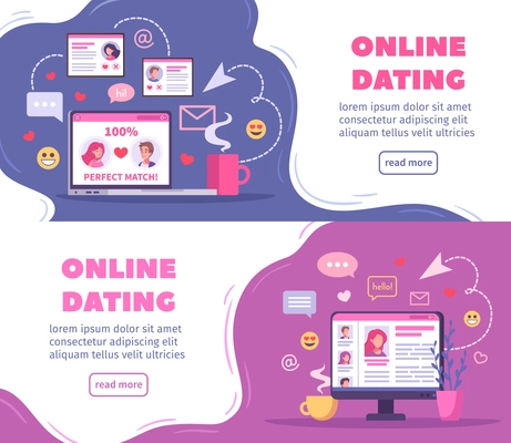 Virtual relationships online dating cartoon set of two horizontal banners with pictograms and read more button vector illustration