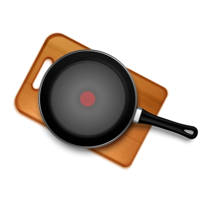 Teflon pan with red indicator on wooden board isolated top view realistic and colored composition