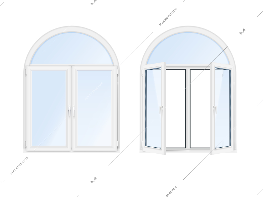 Two isolated and realistic arch windows  icon set white open and closed vector illustration