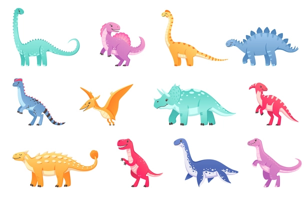 Dinosaurs cartoon set with isolated icons and doodle characters of dinos of different breed and colour vector illustration