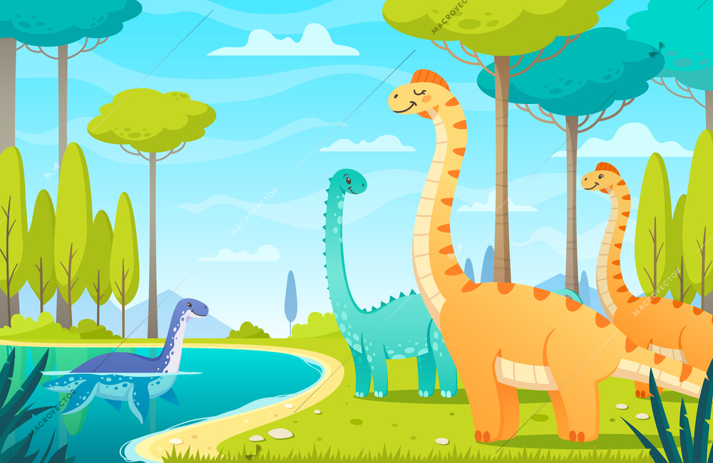 Dinosaurs composition with cartoon characters of dinos in natural habitat with wild landscape trees and lake vector illustration