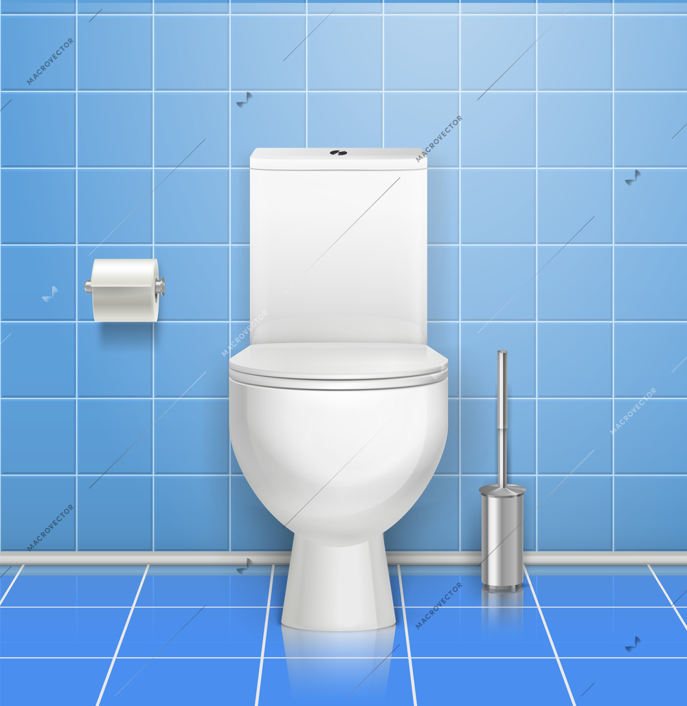 Public toilet interior composition with light blue tile on the wall and floor white plunger and toilet vector illustration