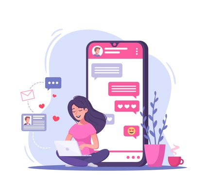 Virtual relationships online dating cartoon composition with girl sitting in front of smartphone with love chat vector illustration