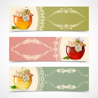 Natural sweet golden organic honey in glass jar horizontal banners set isolated vector illustration