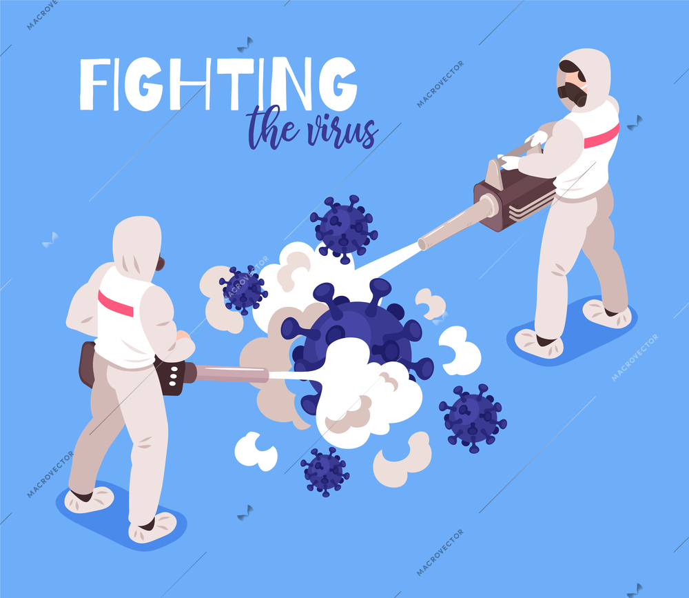 Virus outbreak medicine isometric composition with medical staff in protective clothing fighting coronavirus blue background vector illustration